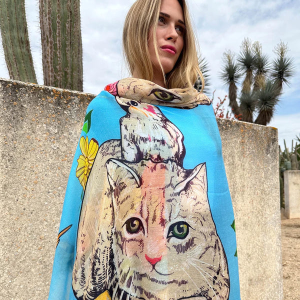 "KATZE" HANDPRINTED SCARF - LIGHTBLUE