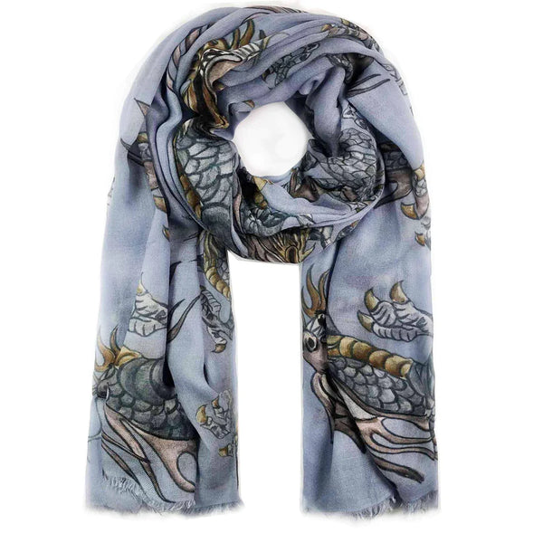 "Dragon" Handprinted Scarf - BLUE GREY